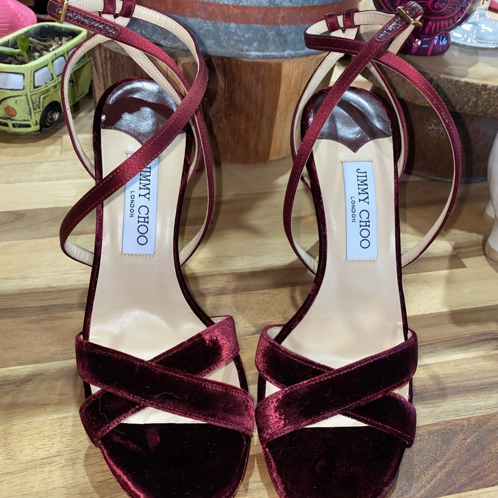 Jimmy Choo Burgundy Velvet And Satin Lola Cross Strap Sandals Size 39 - Picture 5 of 16